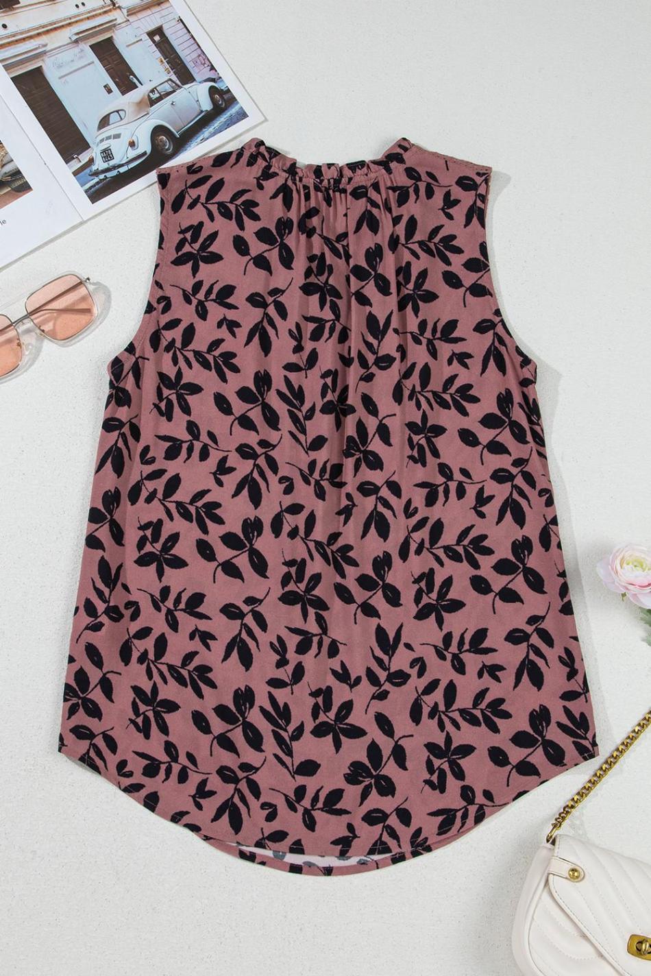 Brown Floral Print Tie Neck Sleeveless Top | Women Sleeveless Tops