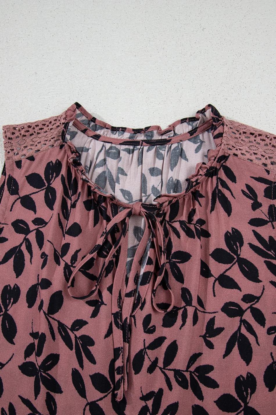 Brown Floral Print Tie Neck Sleeveless Top | Women Sleeveless Tops