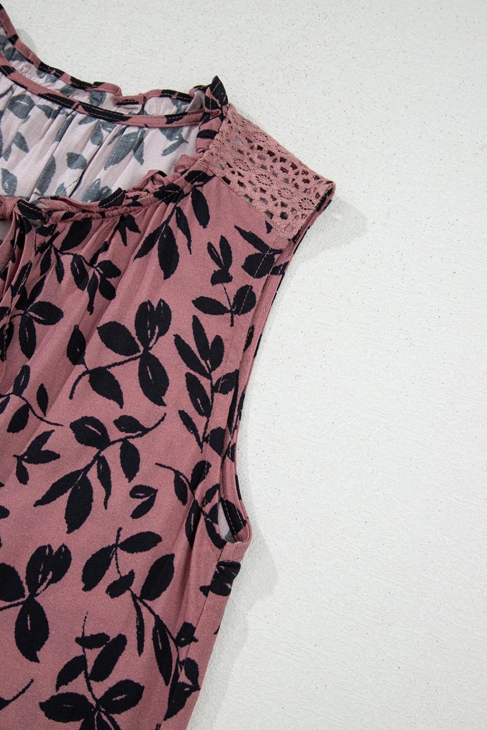 Brown Floral Print Tie Neck Sleeveless Top | Women Sleeveless Tops