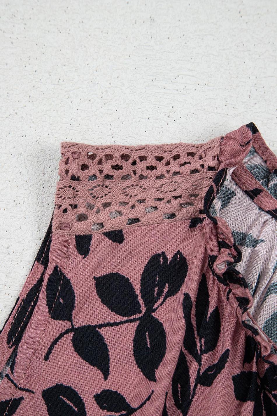 Brown Floral Print Tie Neck Sleeveless Top | Women Sleeveless Tops