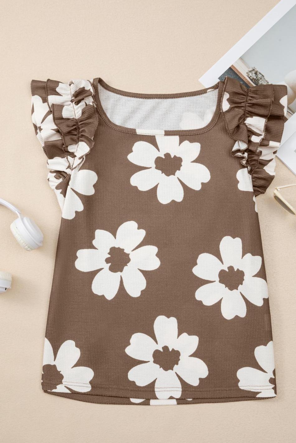 Brown Floral Ruffle Shoulder Square Neck Blouse | Women Sleeveless Tops