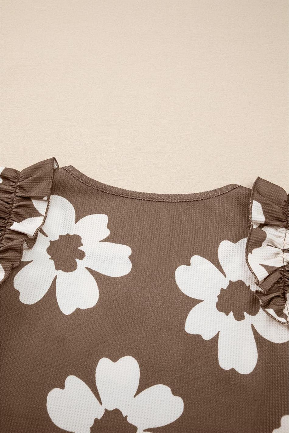 Brown Floral Ruffle Shoulder Square Neck Blouse | Women Sleeveless Tops