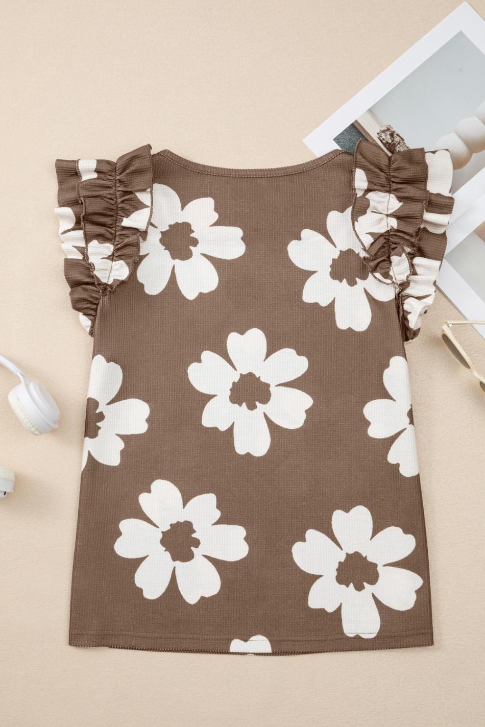 Brown Floral Ruffle Shoulder Square Neck Blouse | Women Sleeveless Tops