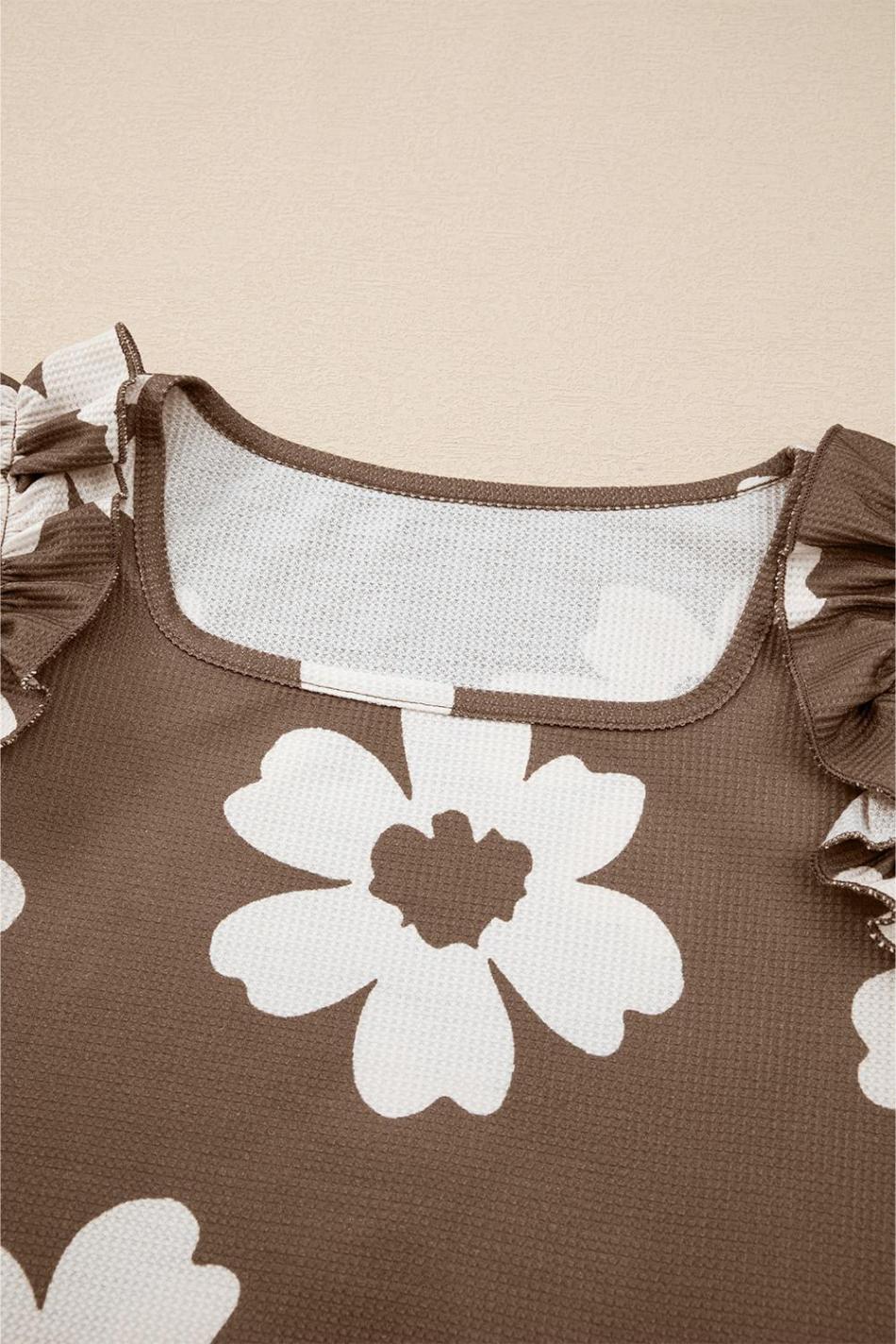 Brown Floral Ruffle Shoulder Square Neck Blouse | Women Sleeveless Tops