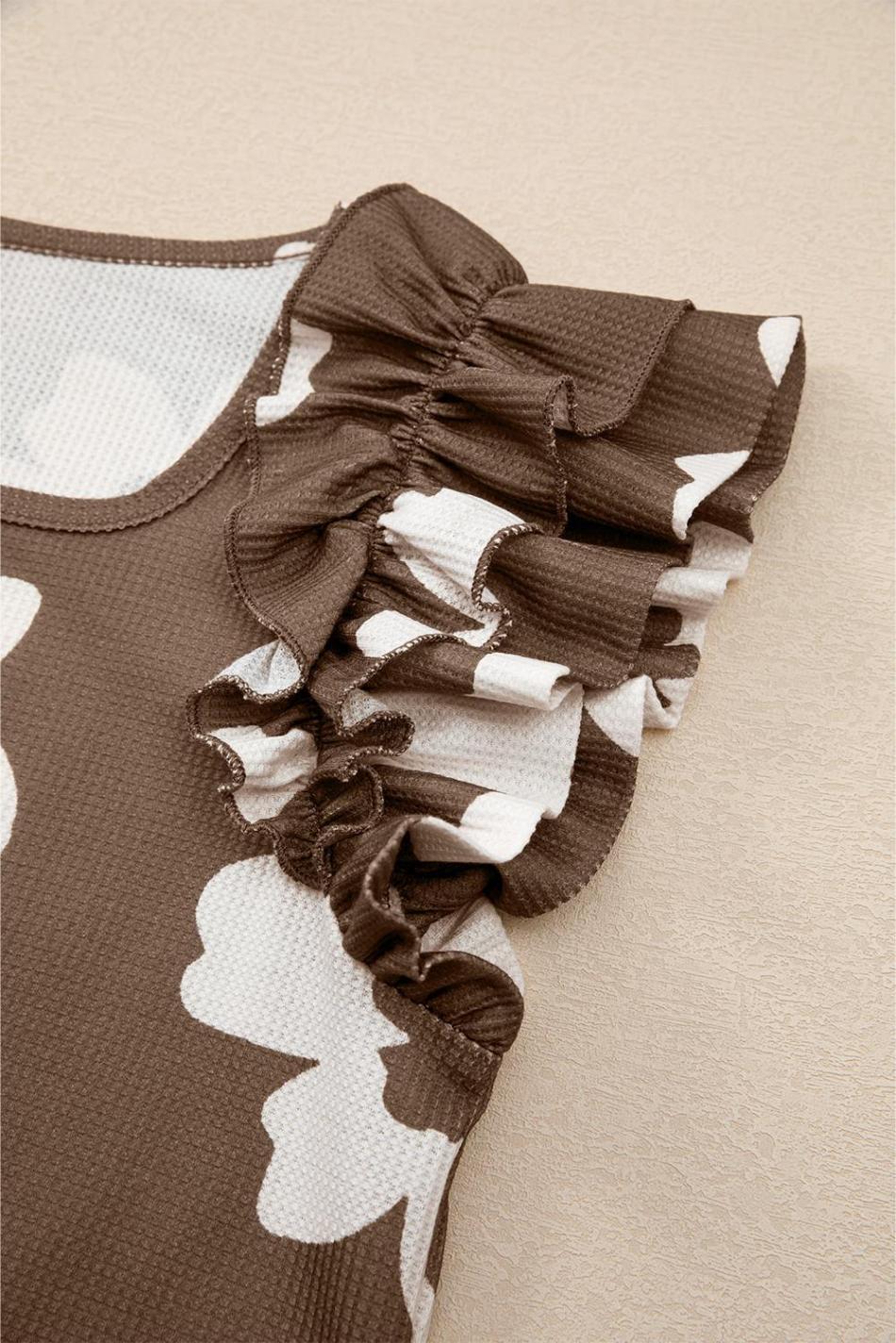 Brown Floral Ruffle Shoulder Square Neck Blouse | Women Sleeveless Tops