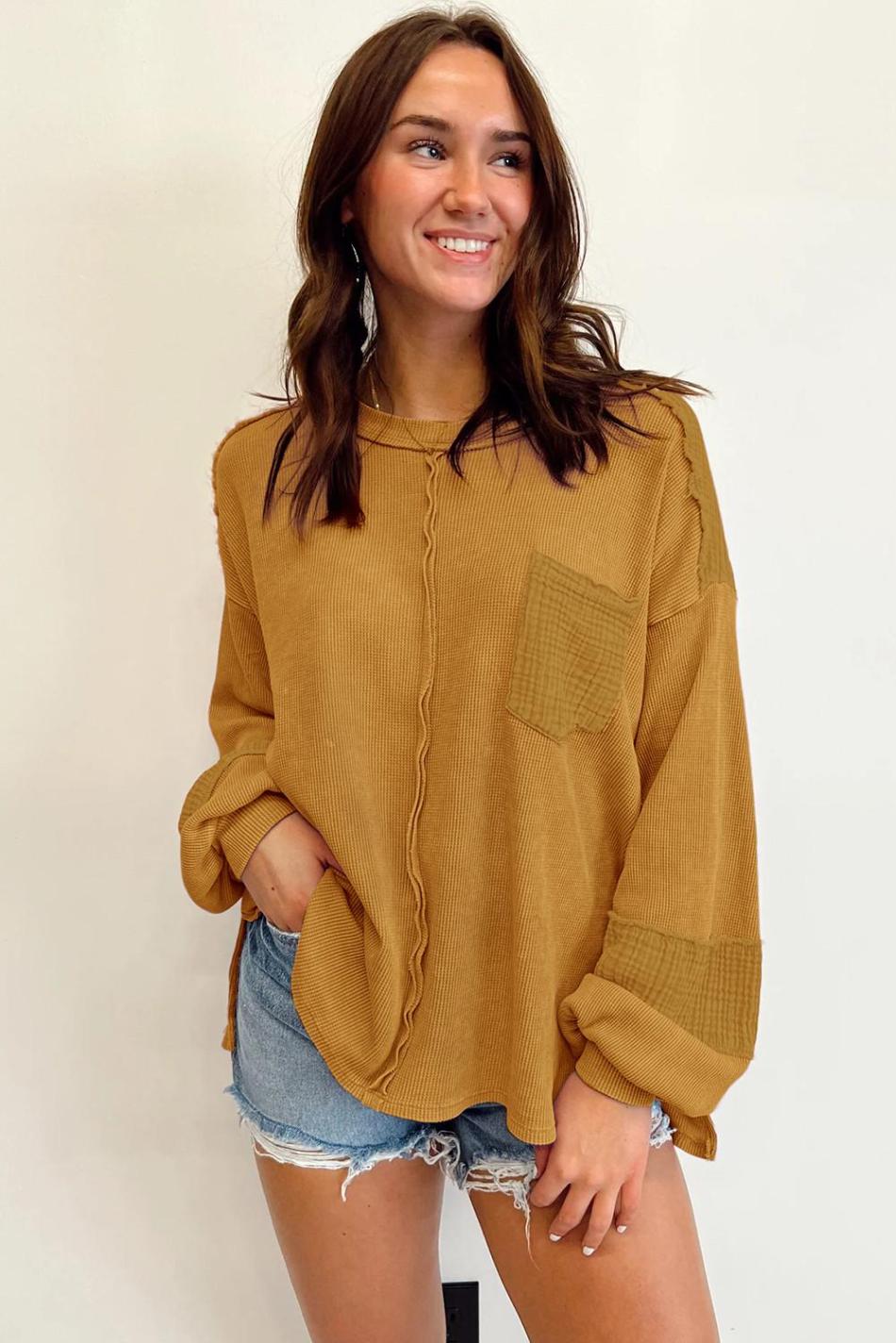 Brown Waffle Crinkle Patchwork Long Sleeve Top | Women Long Sleeve Tops