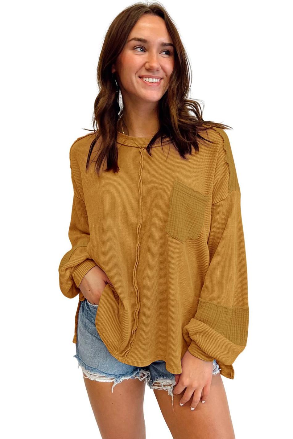 Brown Waffle Crinkle Patchwork Long Sleeve Top | Women Long Sleeve Tops
