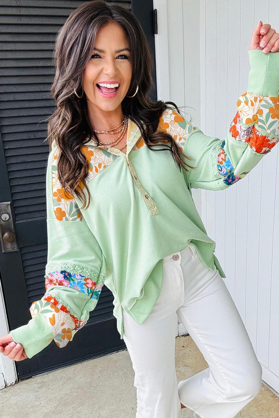 Clearly Aqua Lace Floral Patchwork Hooded Henley Top | Women Long Sleeve Tops