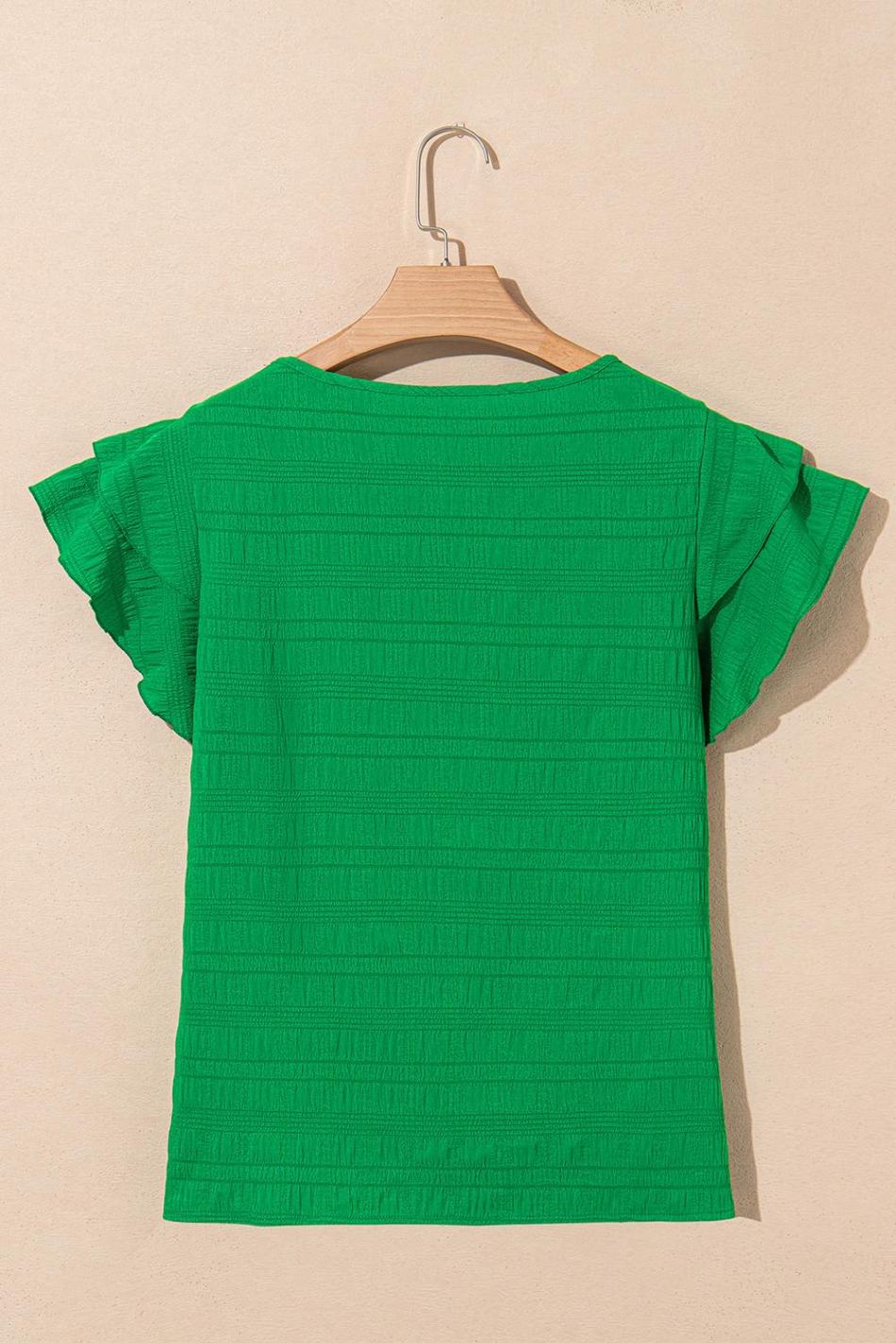 Dark Green Ruffle Sleeve Textured Smocked Blouse | Women Blouses