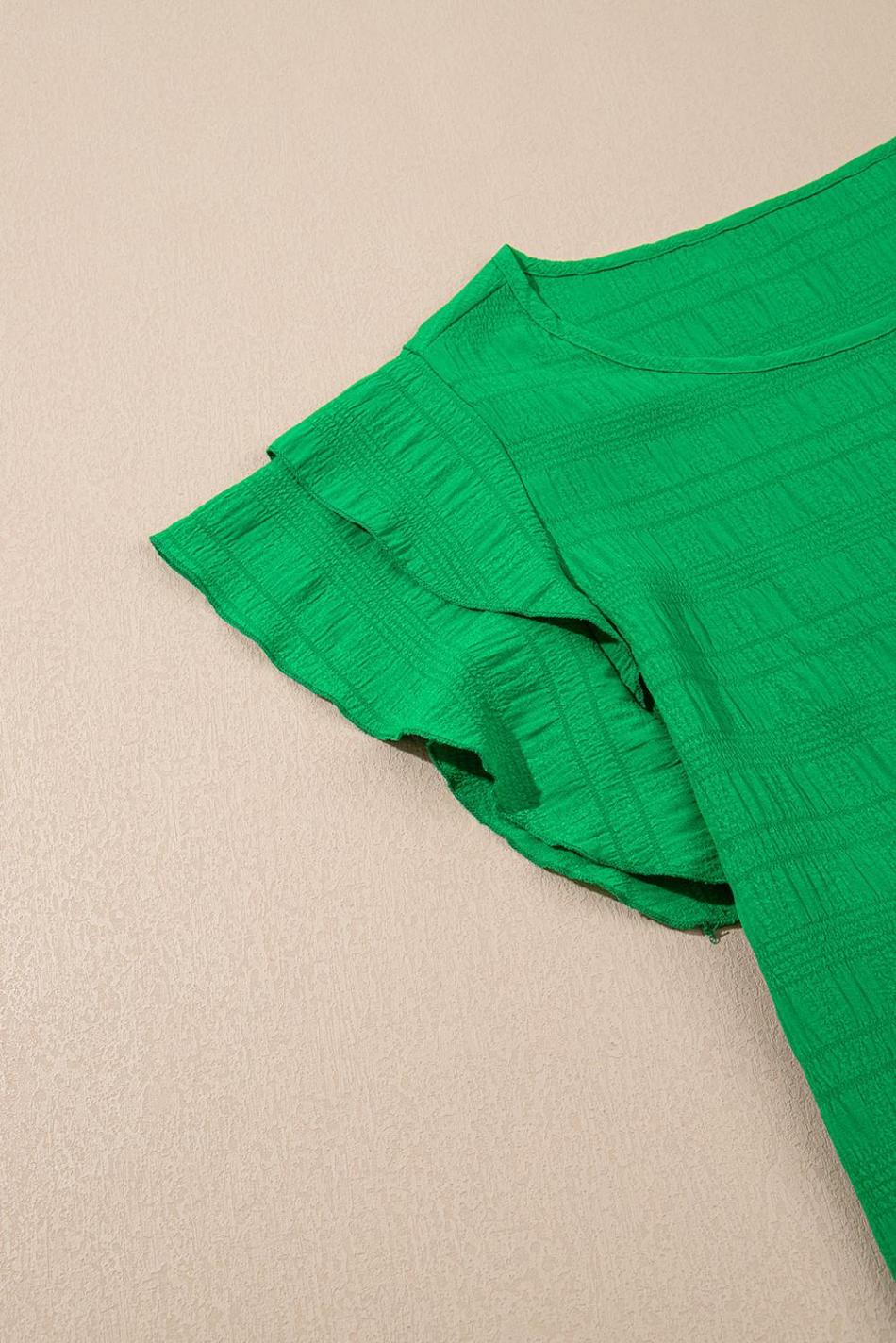 Dark Green Ruffle Sleeve Textured Smocked Blouse | Women Blouses
