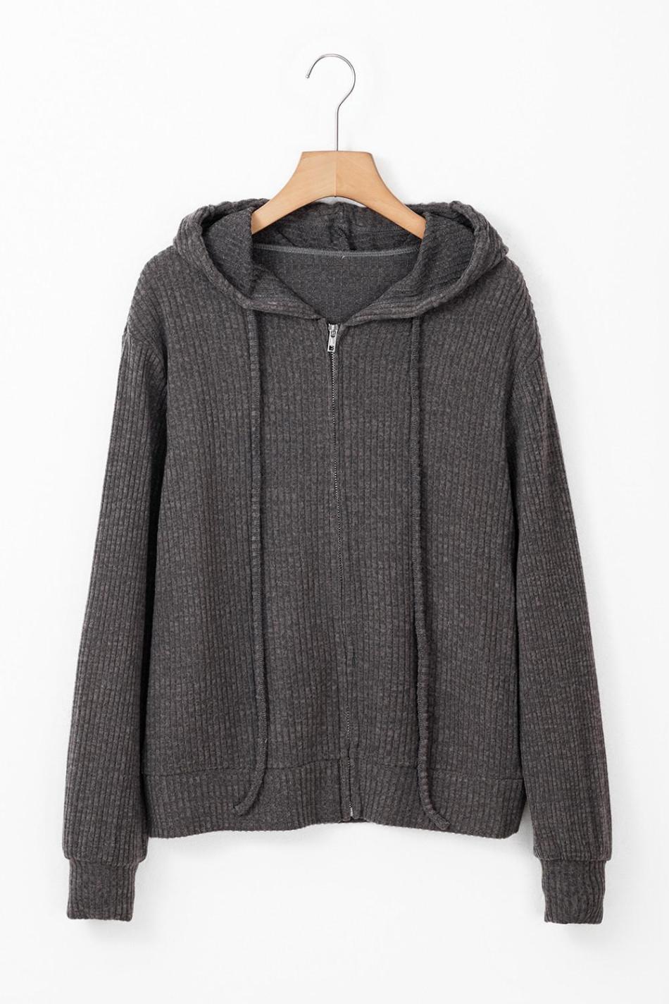 Dark Grey Ribbed Zip Front Drawstring Hoodie | Women Sweatshirts & Hoodies
