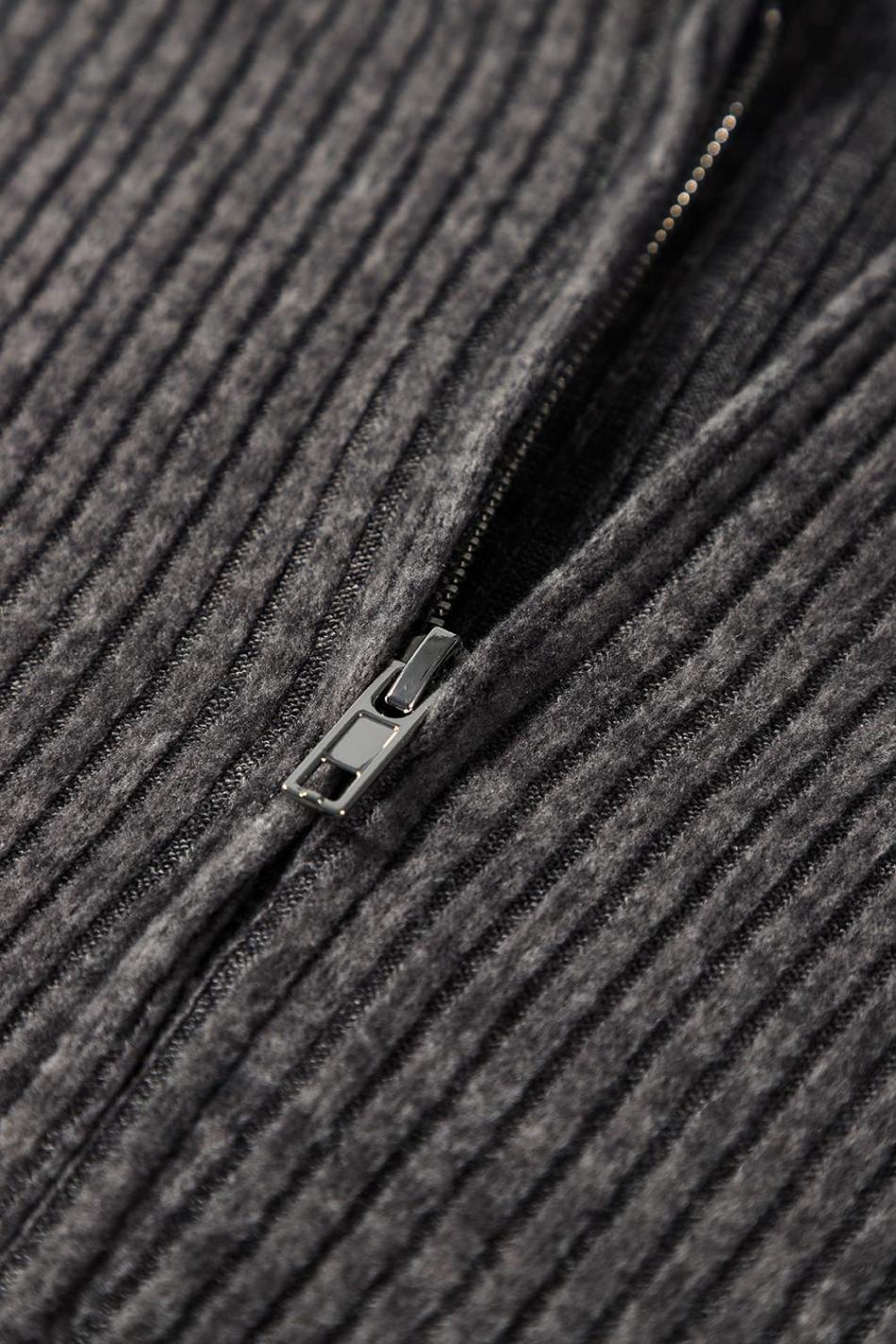 Dark Grey Ribbed Zip Front Drawstring Hoodie | Women Sweatshirts & Hoodies