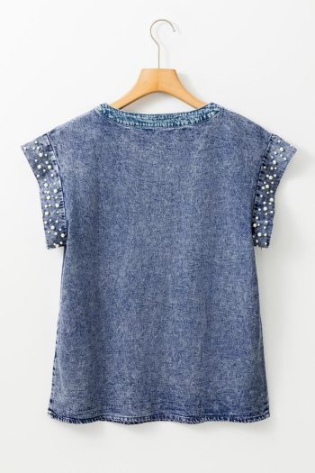 Dusk Blue Acid Wash Pearl Embellishment Round Neck Denim Top | Women Blouses
