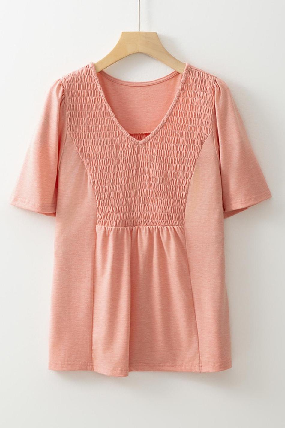 Fushia Smocked Front V Neck Pleated Babydoll Short Sleeve Top | Women Blouses