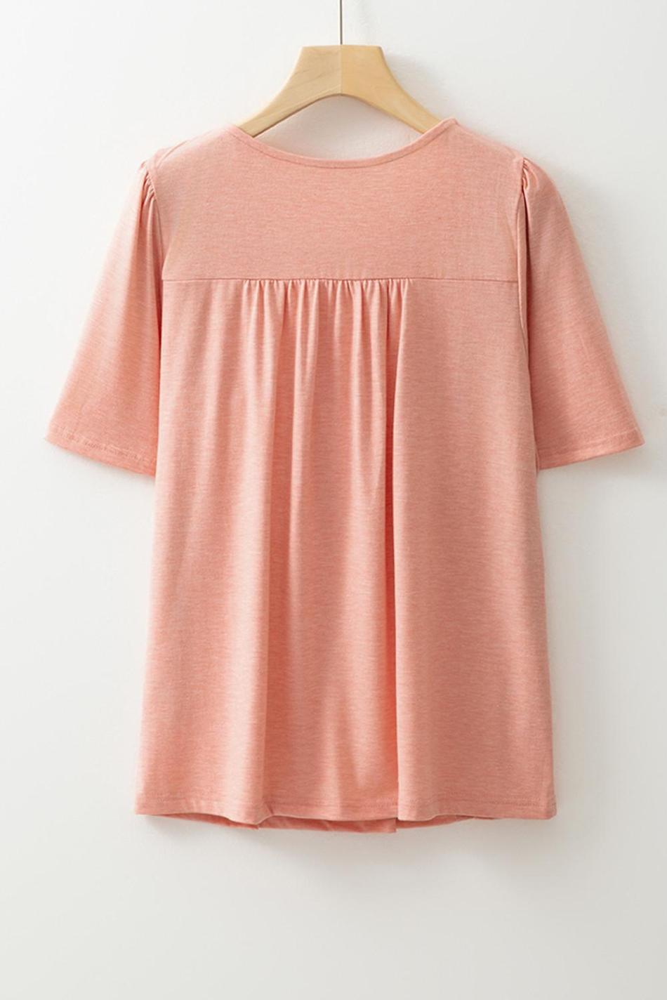 Fushia Smocked Front V Neck Pleated Babydoll Short Sleeve Top | Women Blouses