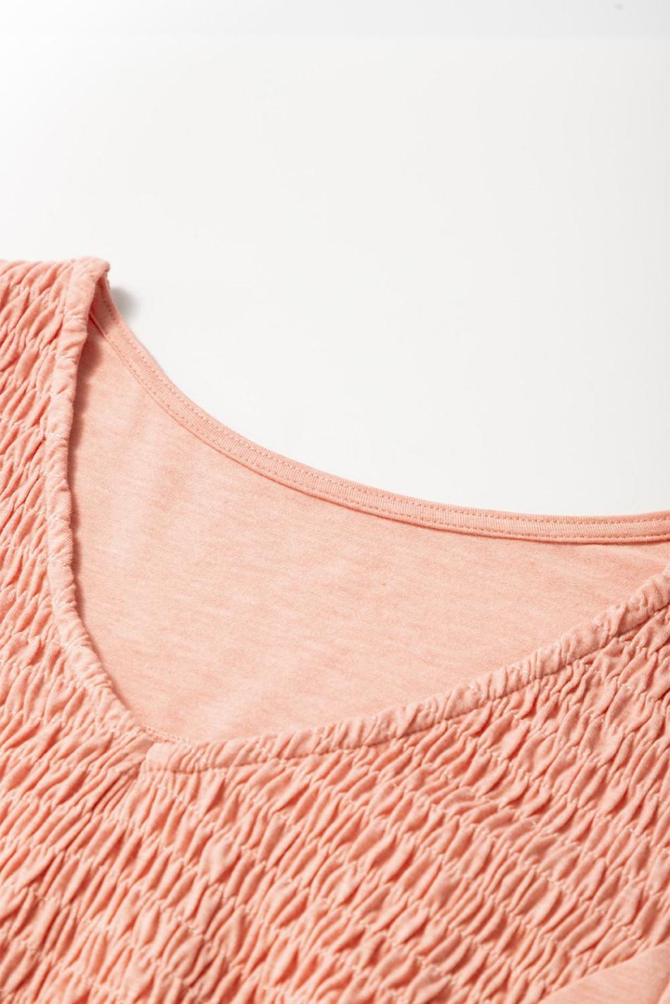 Fushia Smocked Front V Neck Pleated Babydoll Short Sleeve Top | Women Blouses