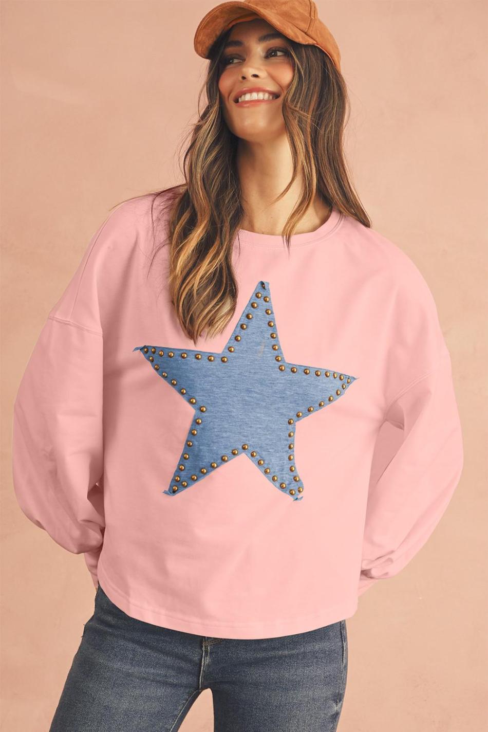 Gossamer Pink Studded Star Graphic Oversized Top | Women Long Sleeve Tops