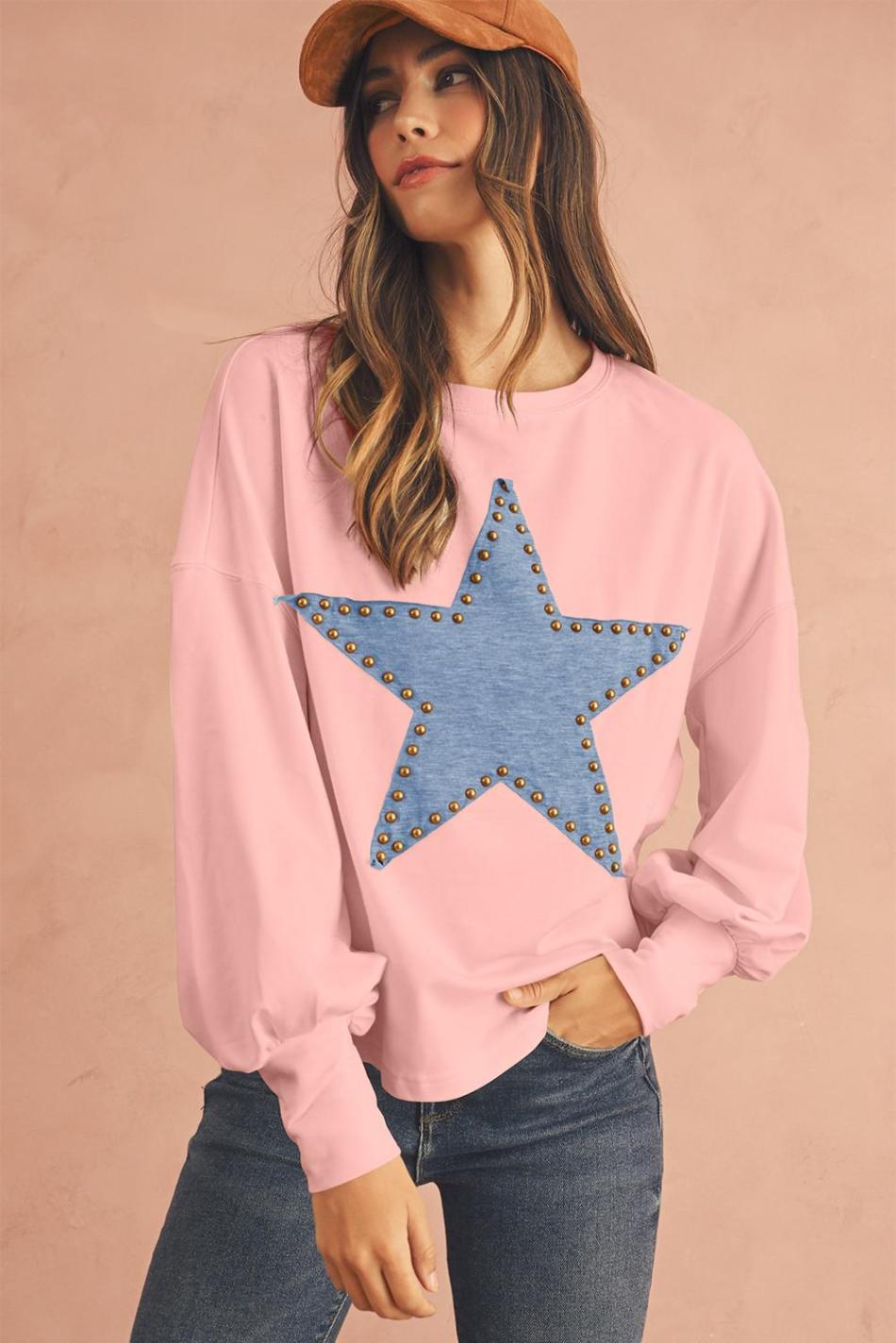 Gossamer Pink Studded Star Graphic Oversized Top | Women Long Sleeve Tops