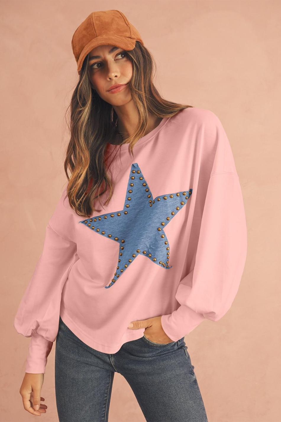 Gossamer Pink Studded Star Graphic Oversized Top | Women Long Sleeve Tops