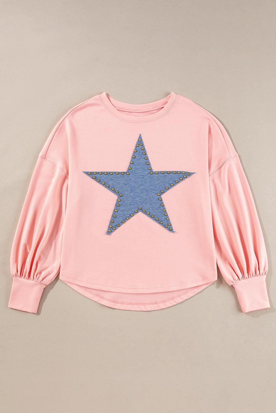 Gossamer Pink Studded Star Graphic Oversized Top | Women Long Sleeve Tops