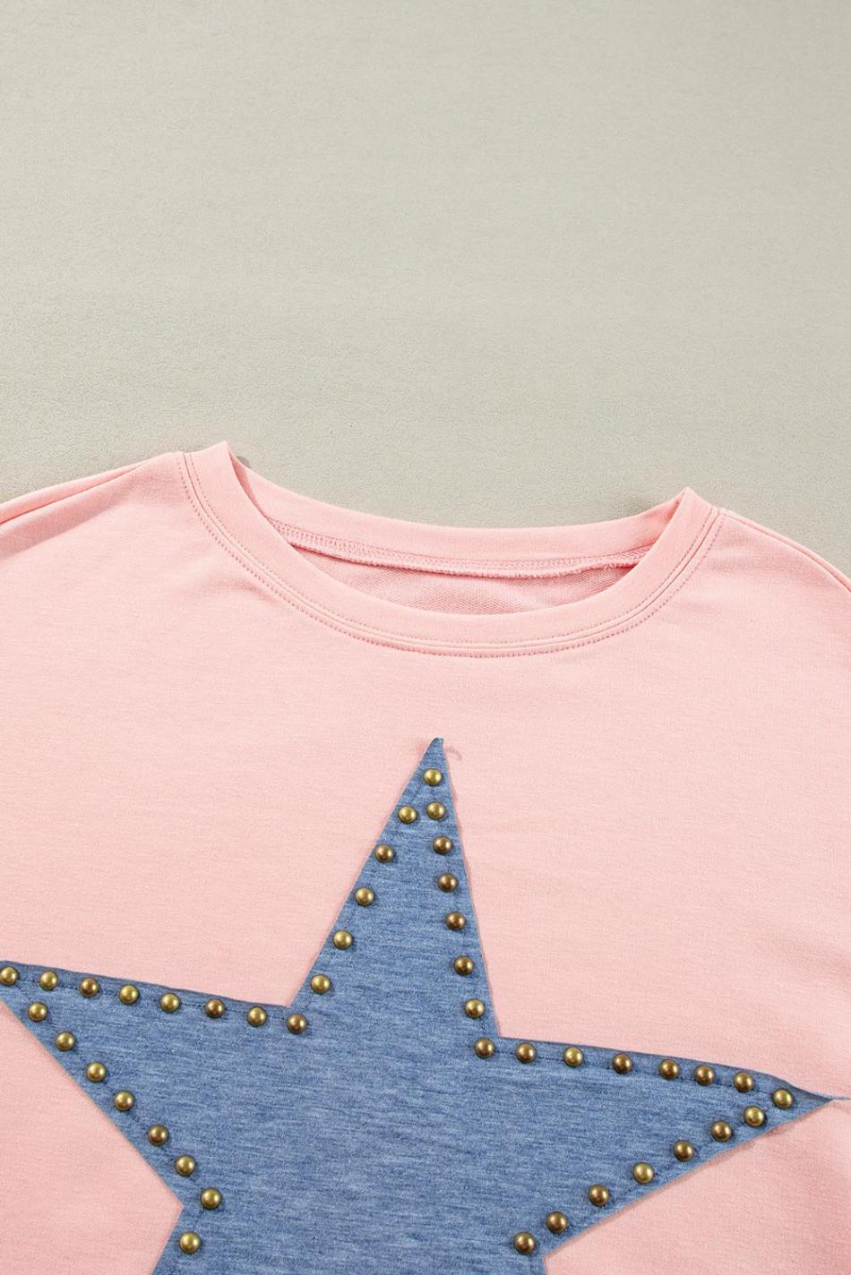 Gossamer Pink Studded Star Graphic Oversized Top | Women Long Sleeve Tops