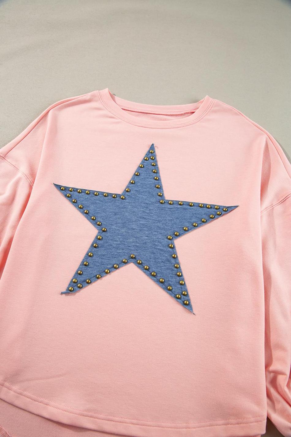 Gossamer Pink Studded Star Graphic Oversized Top | Women Long Sleeve Tops