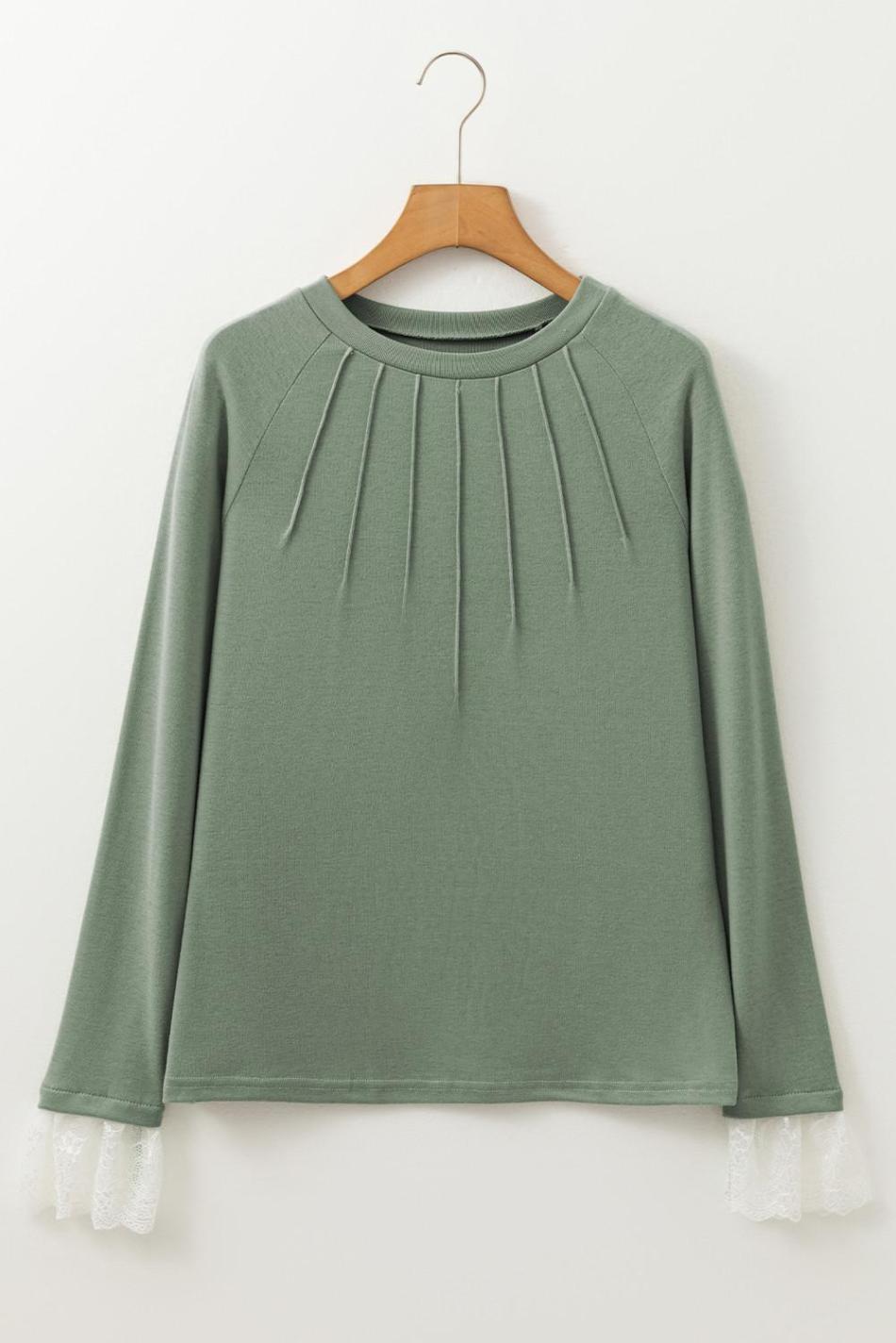 Grass Green Seam Detail Lace Contrast Cuffs Raglan Sleeve Top | Women Long Sleeve Tops