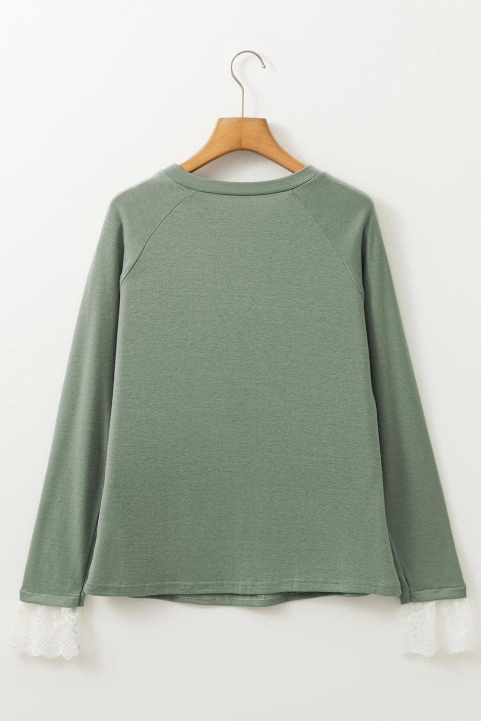 Grass Green Seam Detail Lace Contrast Cuffs Raglan Sleeve Top | Women Long Sleeve Tops