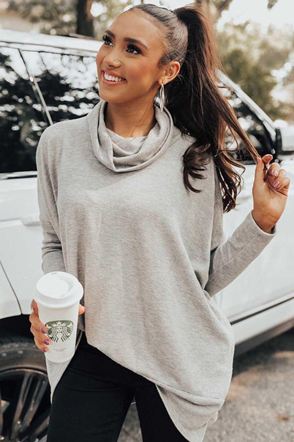 Gray Cowl Neck Loose Fit Tunic Top | Women Long Sleeve Tops