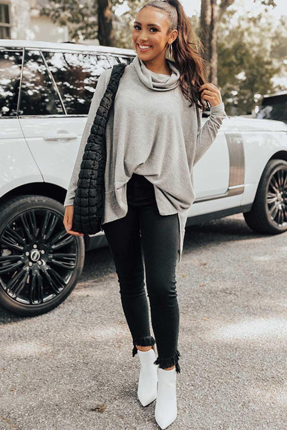 Gray Cowl Neck Loose Fit Tunic Top | Women Long Sleeve Tops