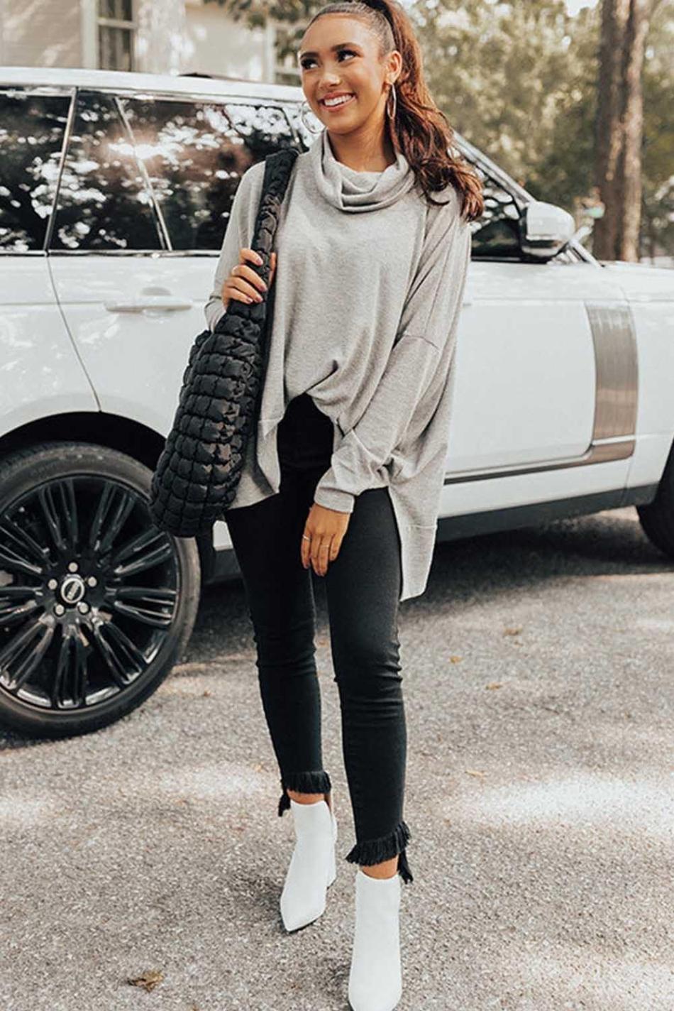 Gray Cowl Neck Loose Fit Tunic Top | Women Long Sleeve Tops
