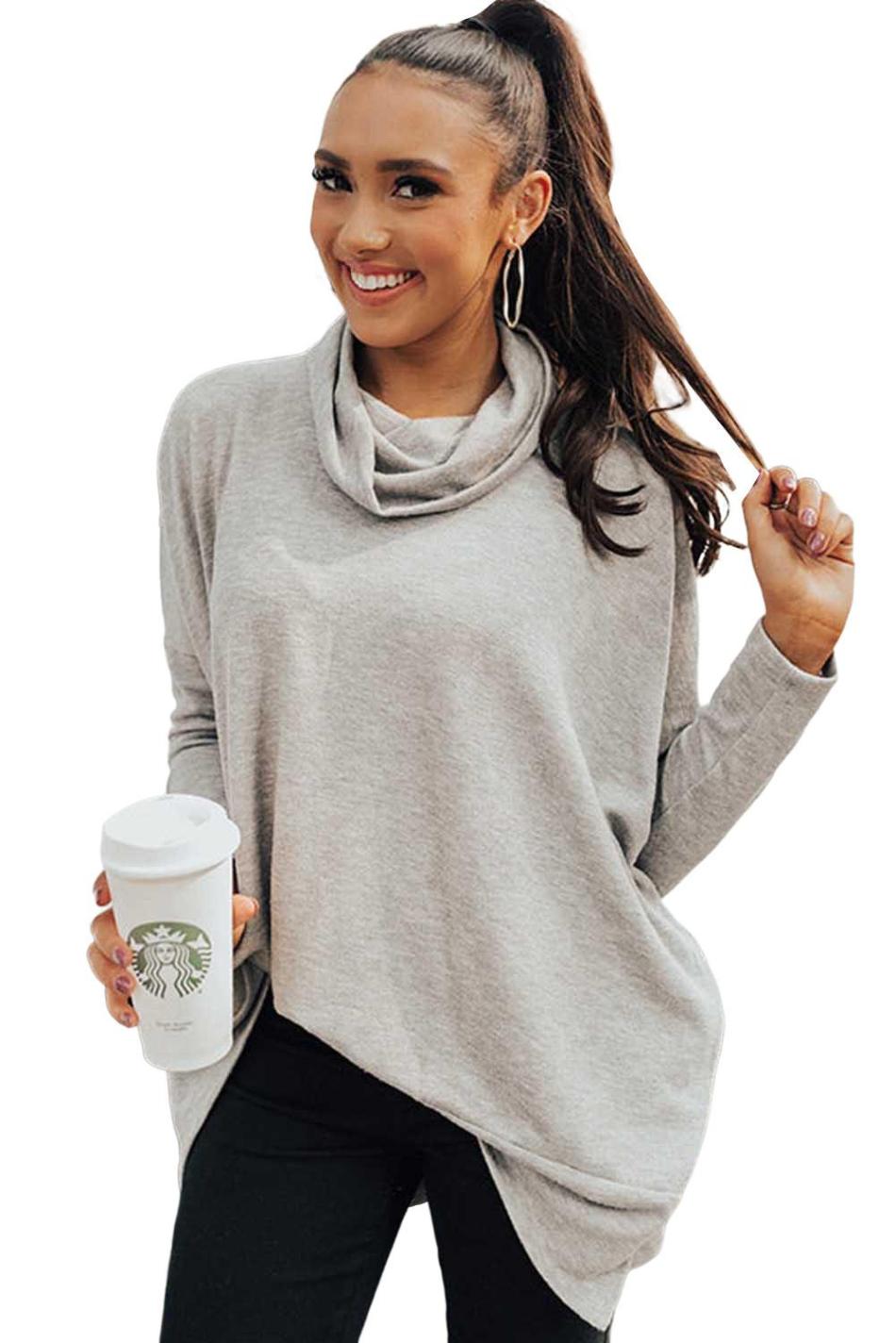 Gray Cowl Neck Loose Fit Tunic Top | Women Long Sleeve Tops