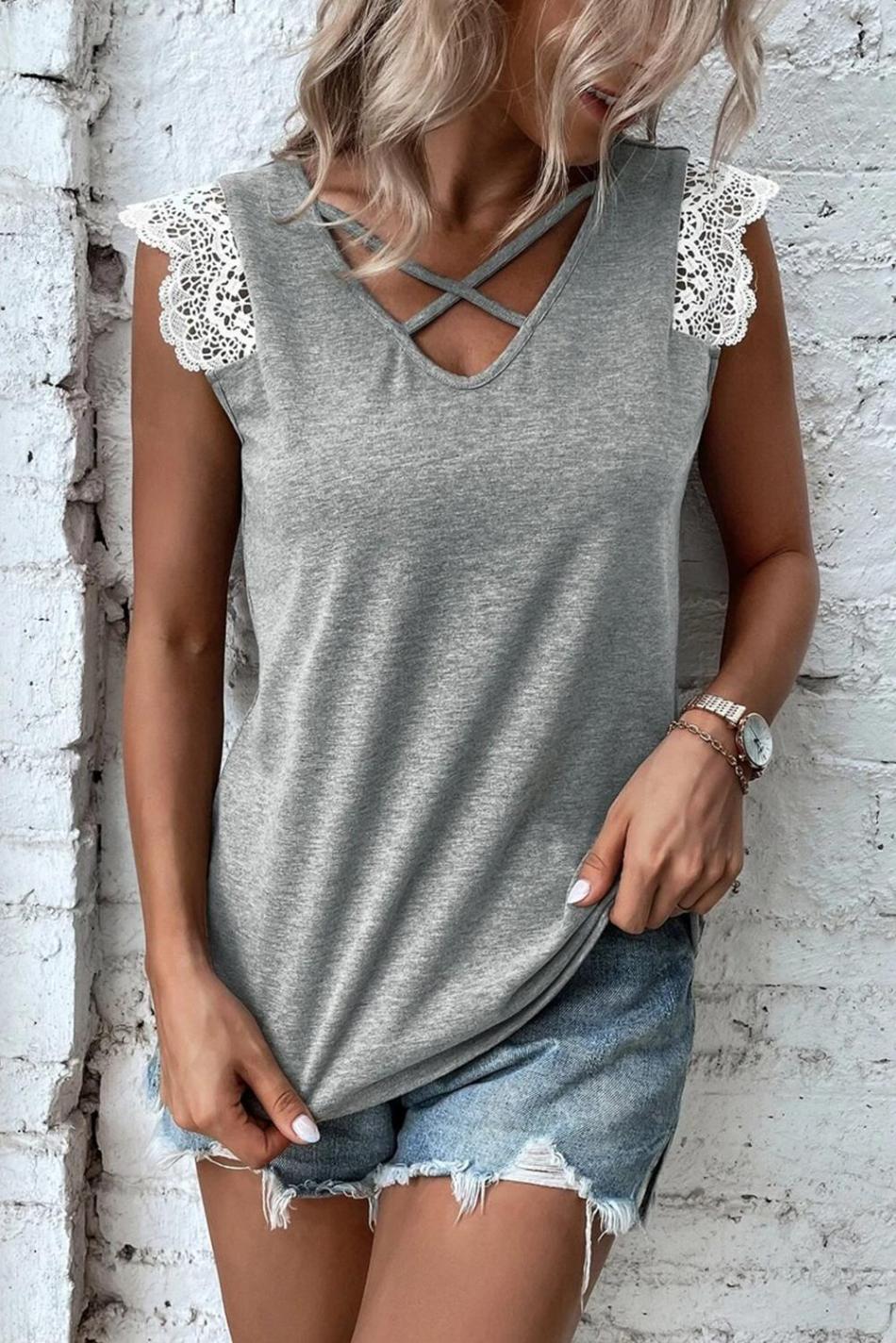 Gray Criss Cross V Neck Lace Applique Sleeveless Top | Women Sleeveless Tops