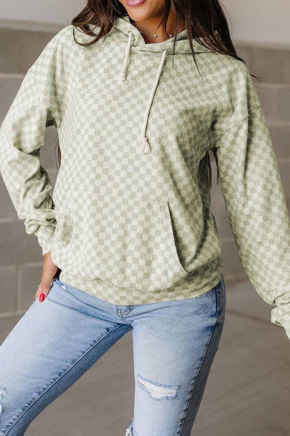 Green Checkered Kangaroo Pocket Hoodie | Women Sweatshirts & Hoodies