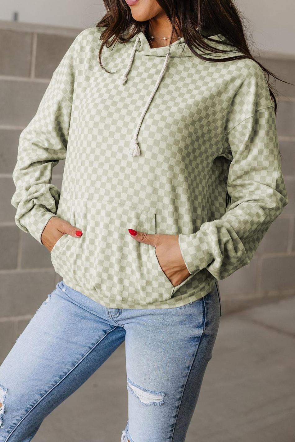 Green Checkered Kangaroo Pocket Hoodie | Women Sweatshirts & Hoodies