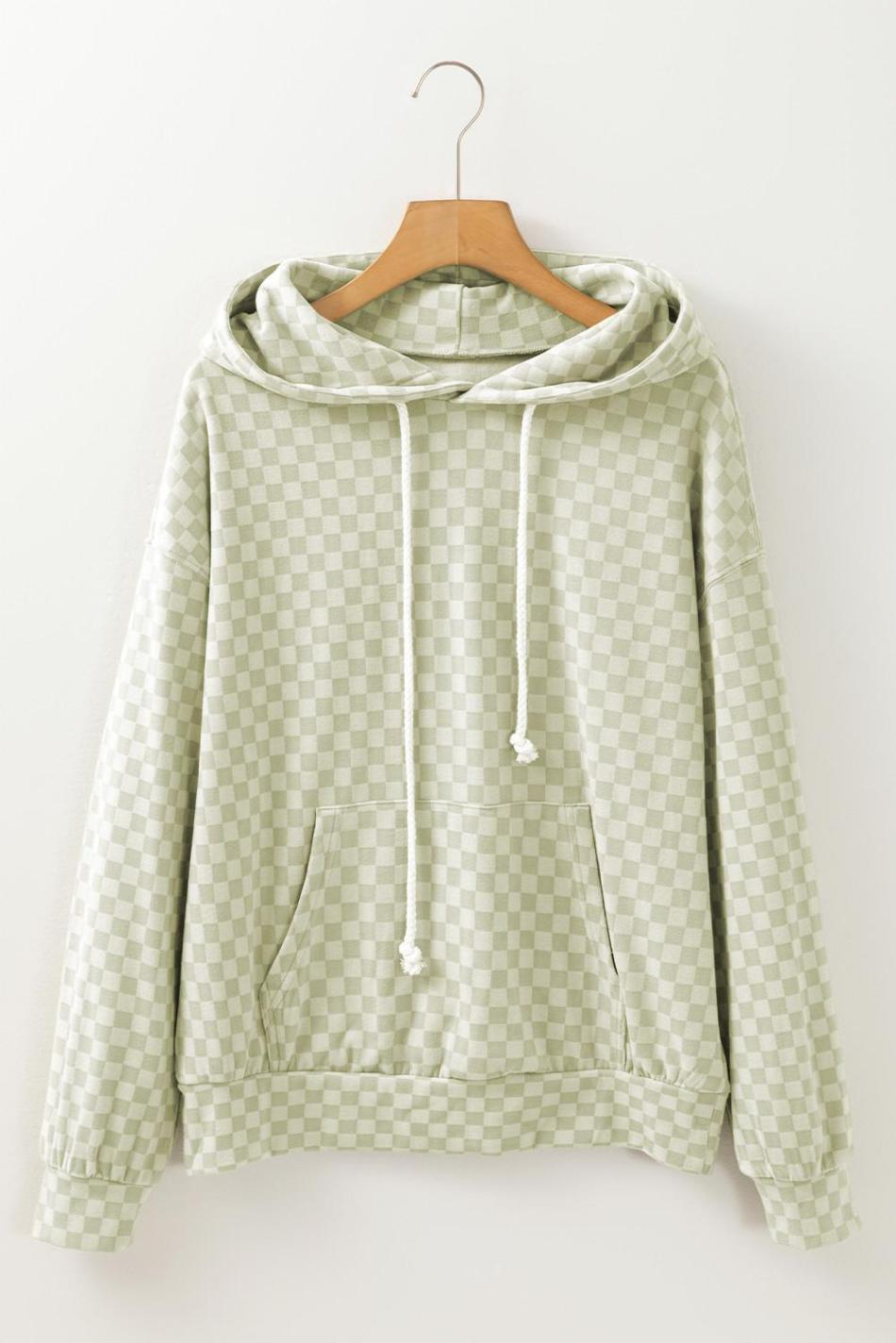 Green Checkered Kangaroo Pocket Hoodie | Women Sweatshirts & Hoodies