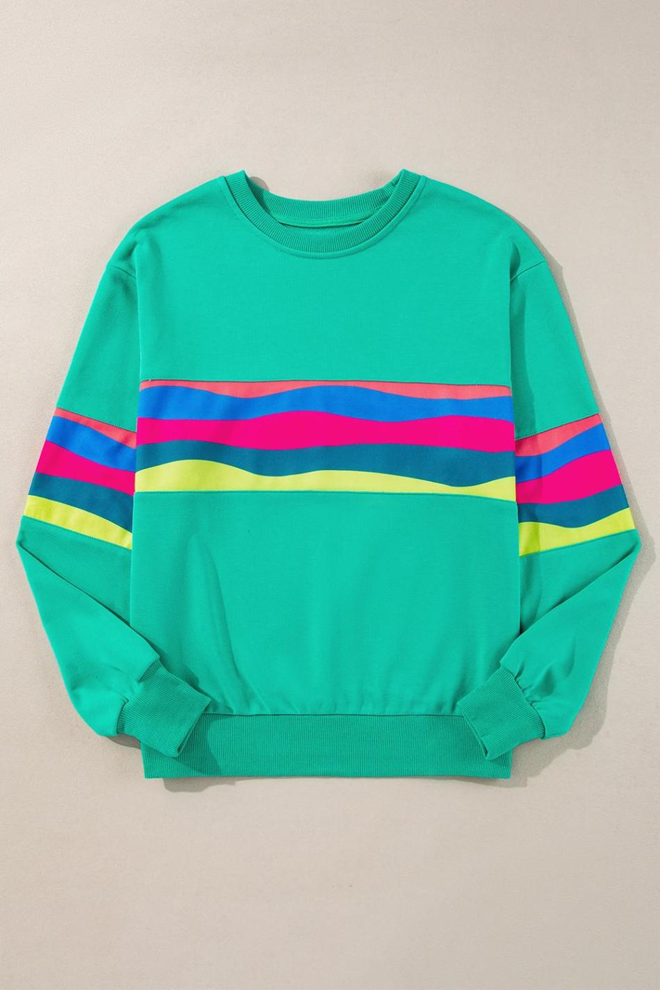 Green Colorful Striped Round Neck Long Sleeve Top | Women Long Sleeve Tops