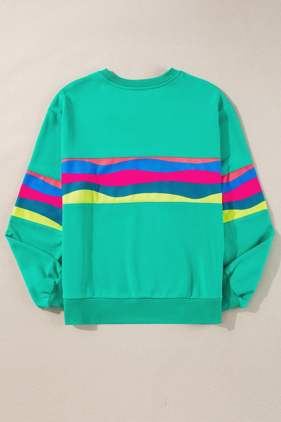 Green Colorful Striped Round Neck Long Sleeve Top | Women Long Sleeve Tops