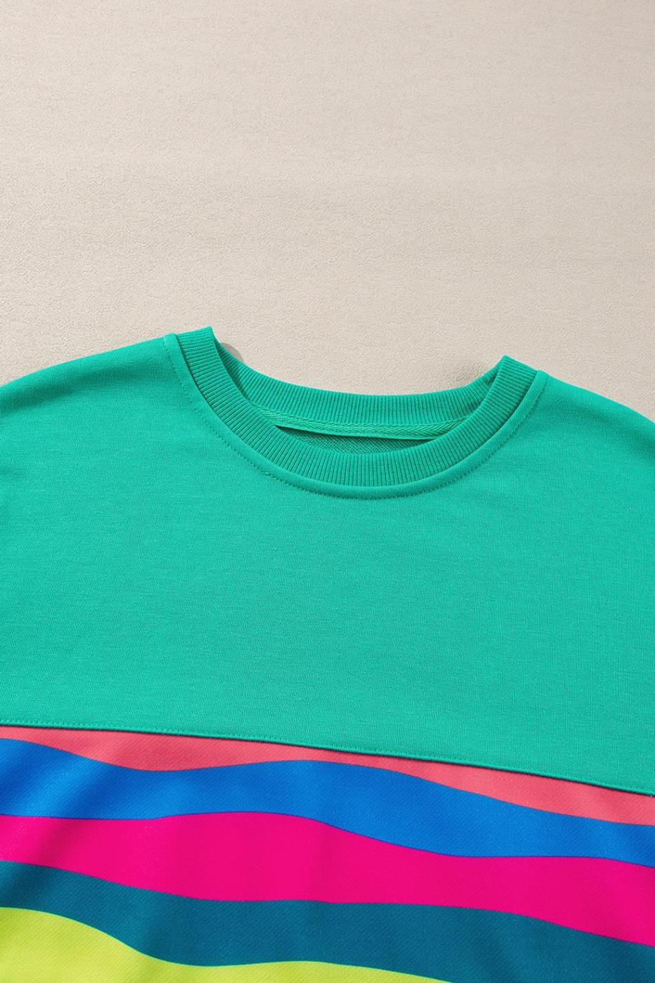 Green Colorful Striped Round Neck Long Sleeve Top | Women Long Sleeve Tops