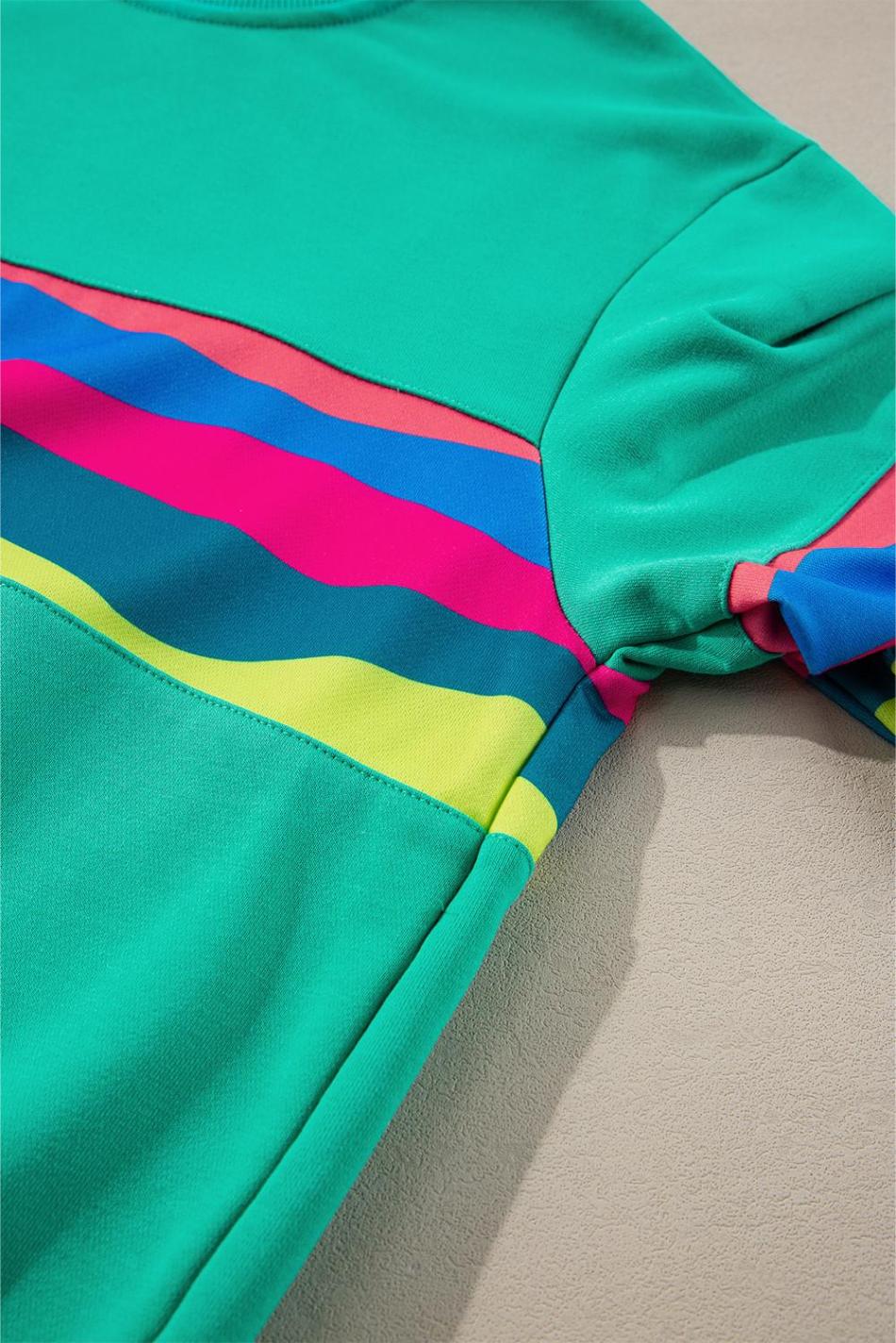 Green Colorful Striped Round Neck Long Sleeve Top | Women Long Sleeve Tops