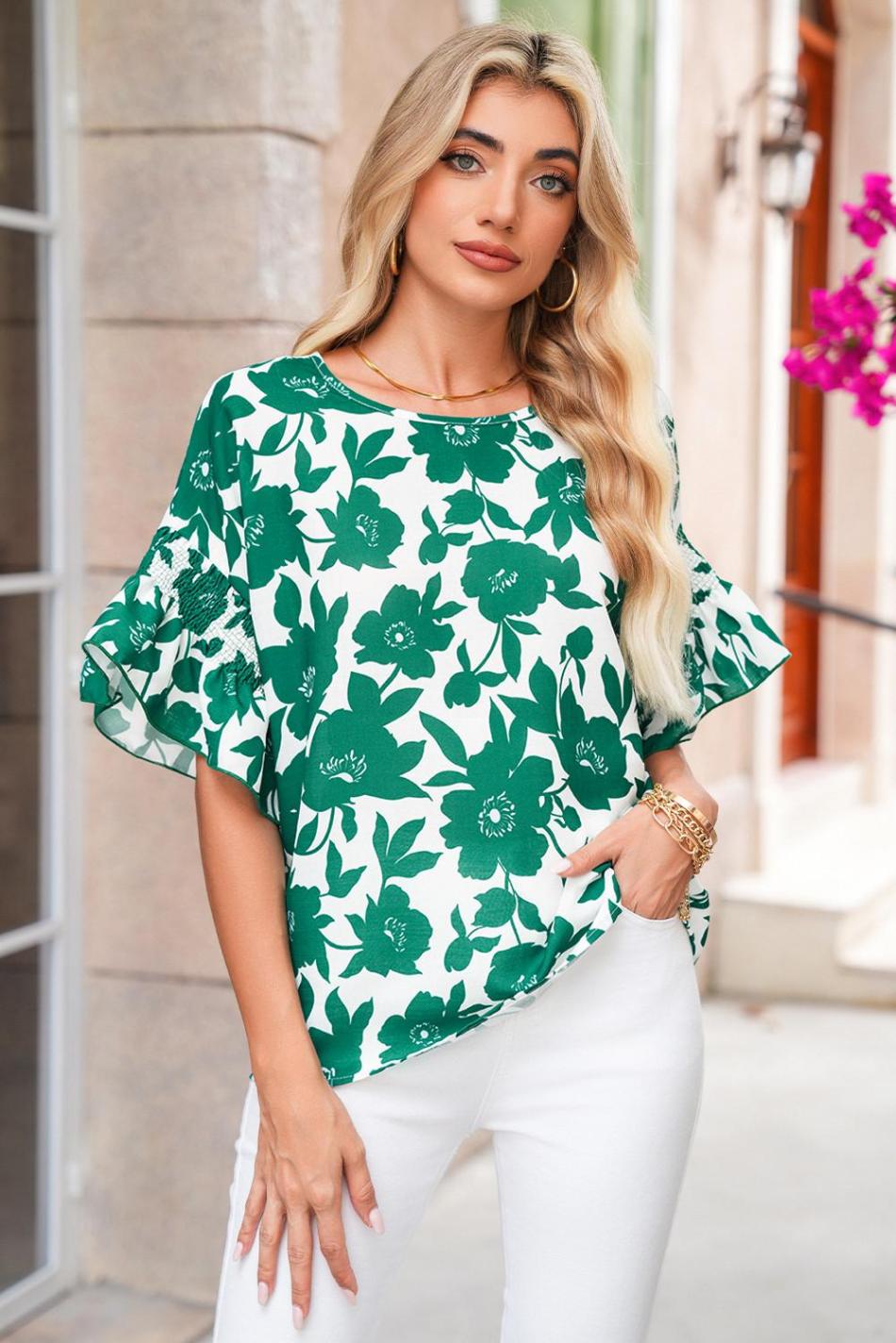 Green Floral Print Ruffle Short Sleeve Loose Blouse | Women Blouses