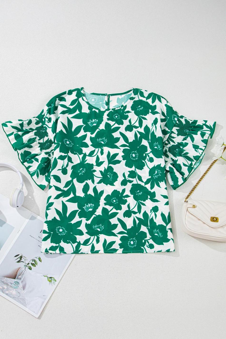 Green Floral Print Ruffle Short Sleeve Loose Blouse | Women Blouses