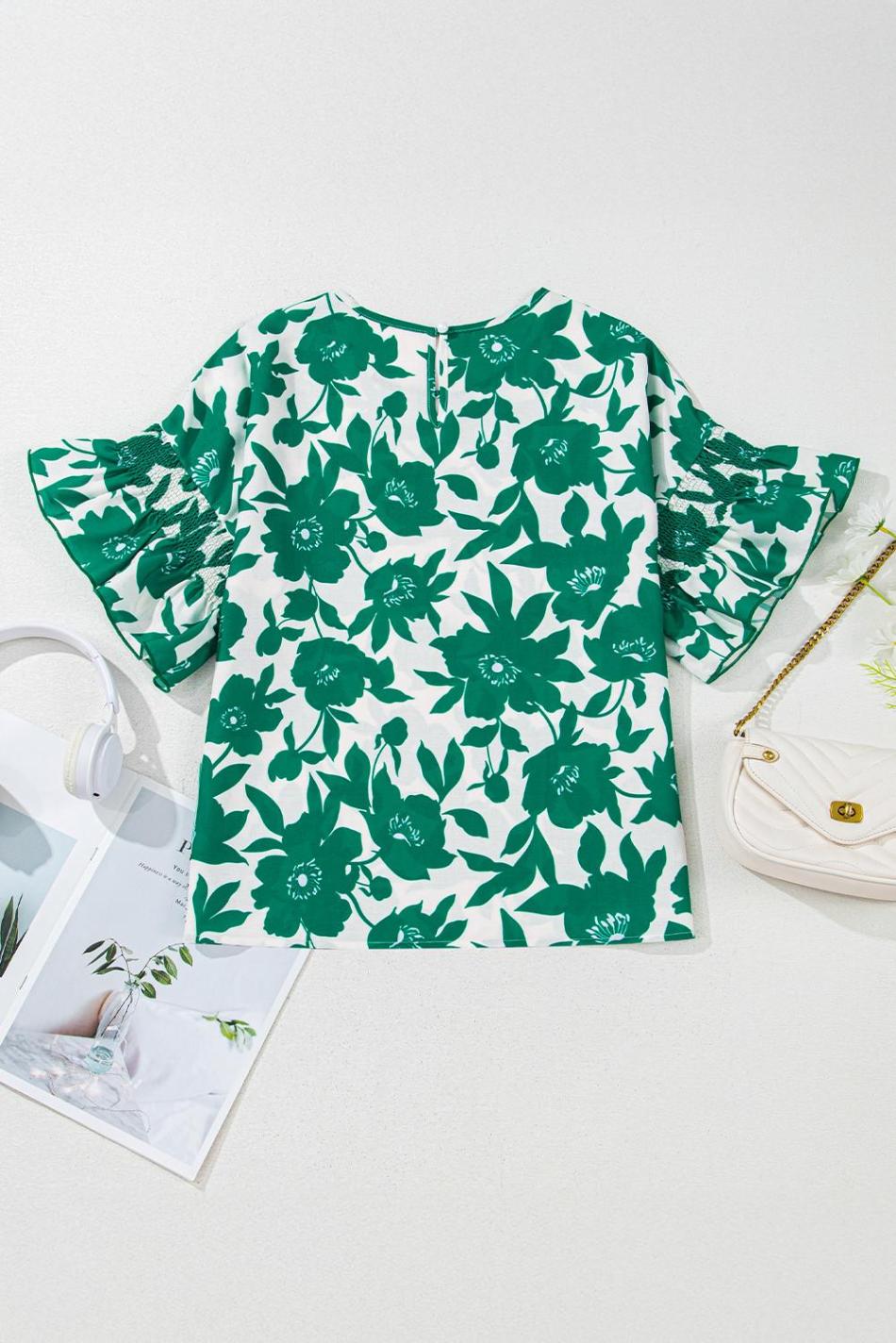 Green Floral Print Ruffle Short Sleeve Loose Blouse | Women Blouses