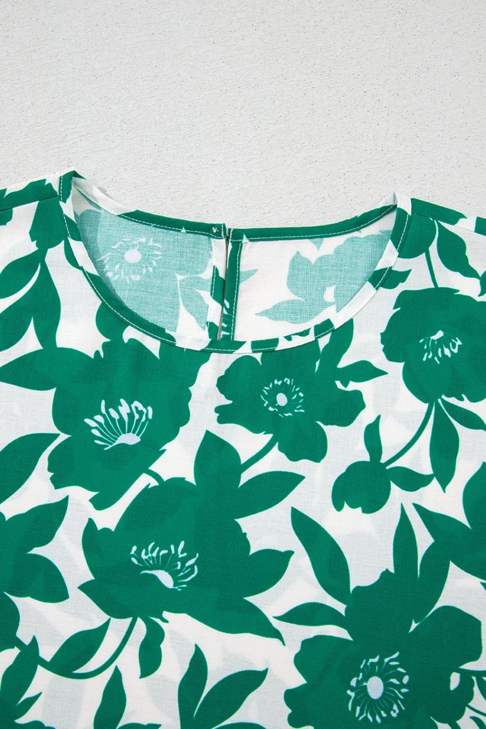 Green Floral Print Ruffle Short Sleeve Loose Blouse | Women Blouses