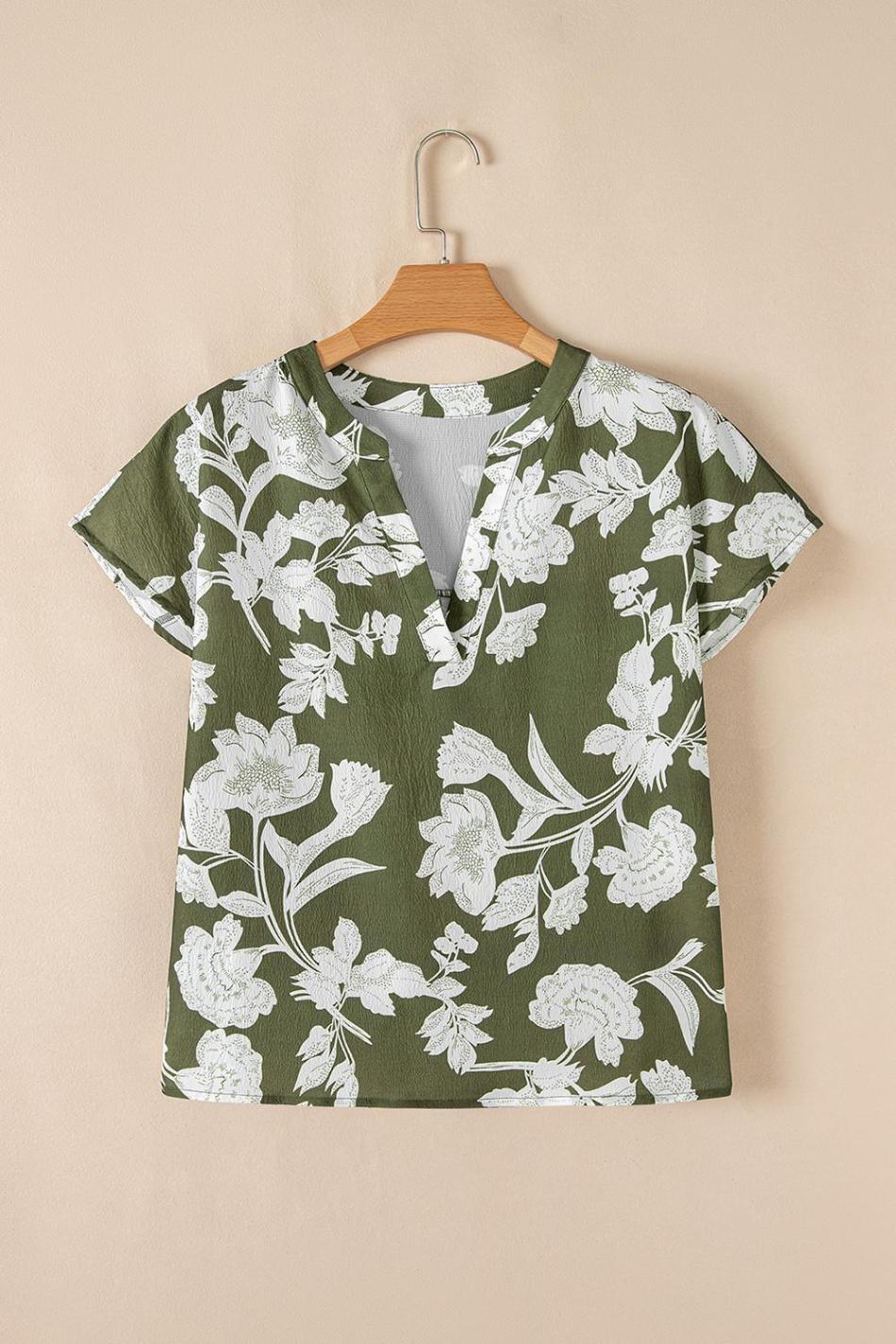 Green Floral Print Split Neck Short Sleeve Blouse | Women Blouses