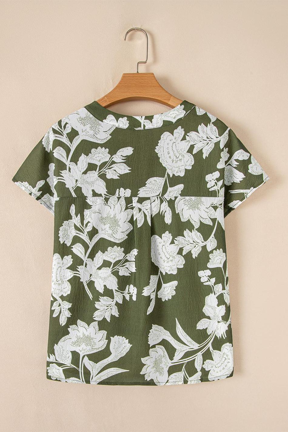Green Floral Print Split Neck Short Sleeve Blouse | Women Blouses