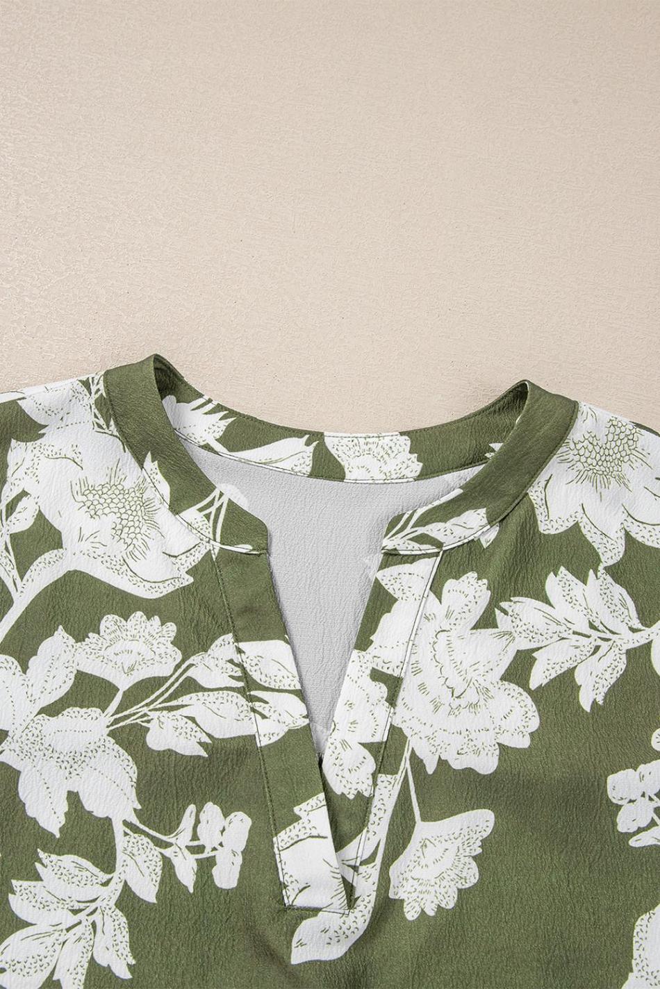 Green Floral Print Split Neck Short Sleeve Blouse | Women Blouses