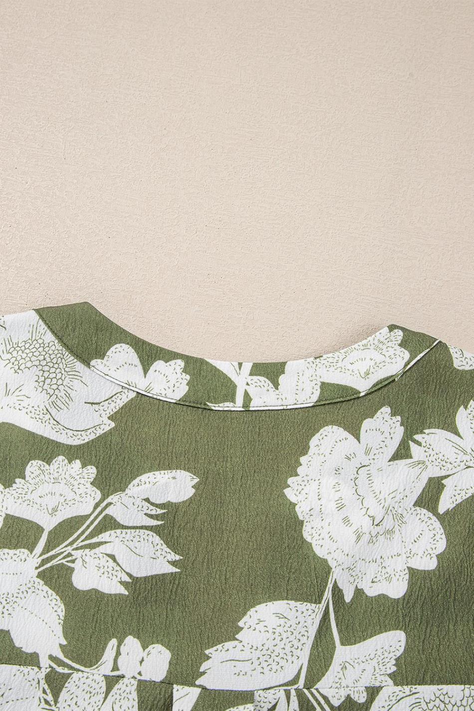 Green Floral Print Split Neck Short Sleeve Blouse | Women Blouses
