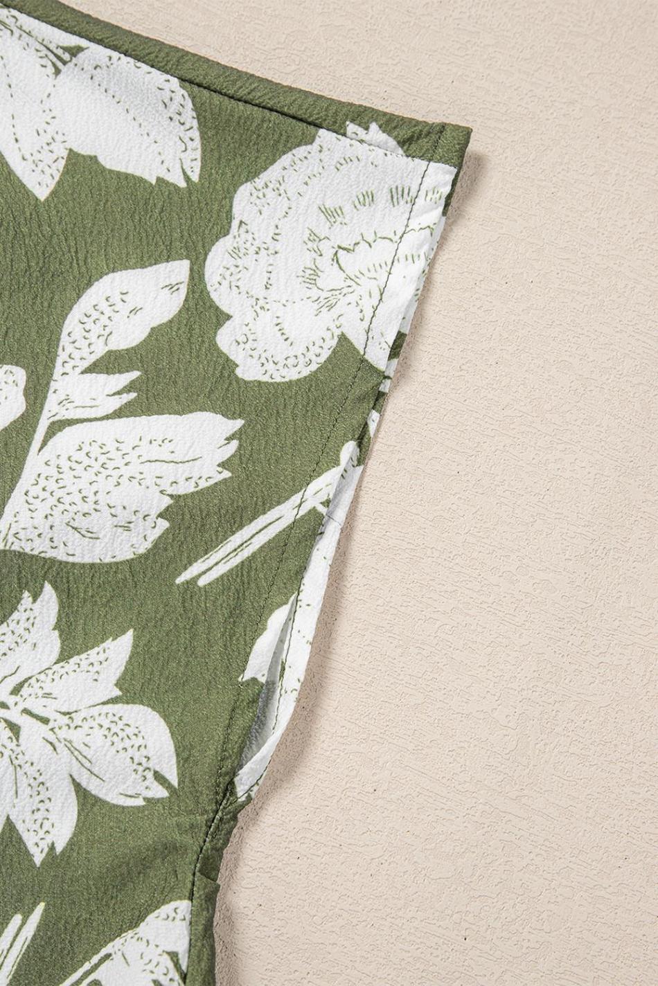 Green Floral Print Split Neck Short Sleeve Blouse | Women Blouses