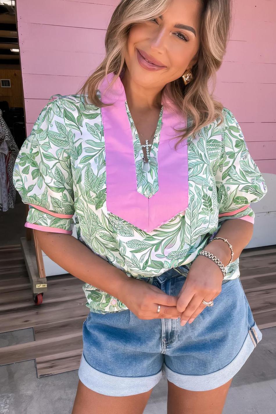 Green Leaves Pattern Colorblock V Neck Puff Sleeve Blouse | Women Blouses